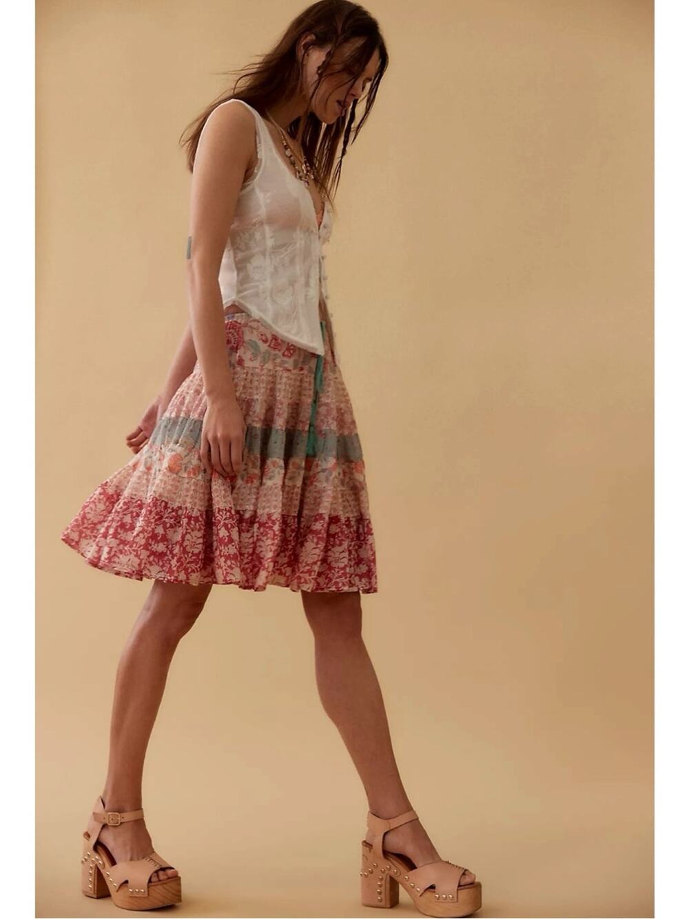 Free People Bohemian 70s Many Layers Printed Twirl Skirt Patchwork Floral Small